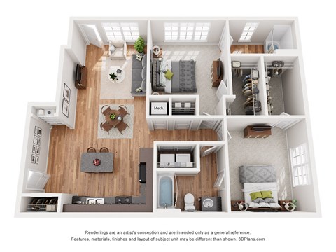a stylized floor plan with a bedroom and a living room